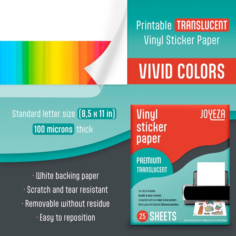 JOYEZA Premium Printable Vinyl Clear Sticker Paper for Inkjet Printer - 25 Sheets Translucent Waterproof, Dries Quickly Vivid Colors, Holds Ink Well - Inkjet & Laser Printer - Image 2